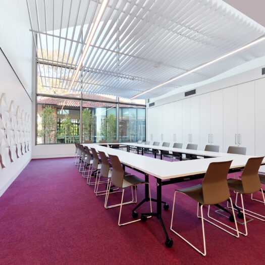 Nunawading Community Hub large meeting room with magenta carpet, patterned acoustic material on wall and view to external courtyard - structure photographer example / concept
