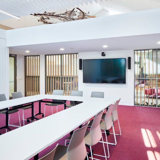 Nunawading Community Hub detail view of meeting room with magenta carpet and view back towards reception with suspended artwork - structure photographer example / concept