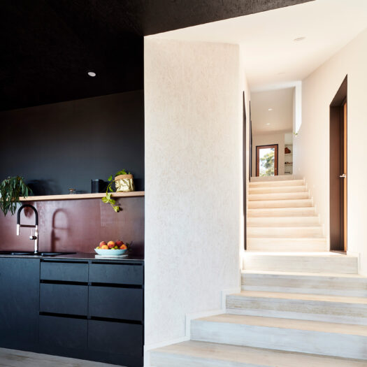 black kitchen cabinets and view to white staircase - building photographer example / concept