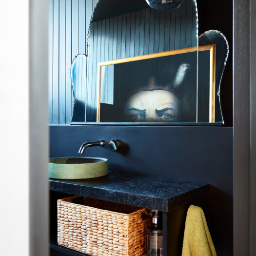 powder room with decorative mirror and reflected artwork showing eyes - building photographer example / concept