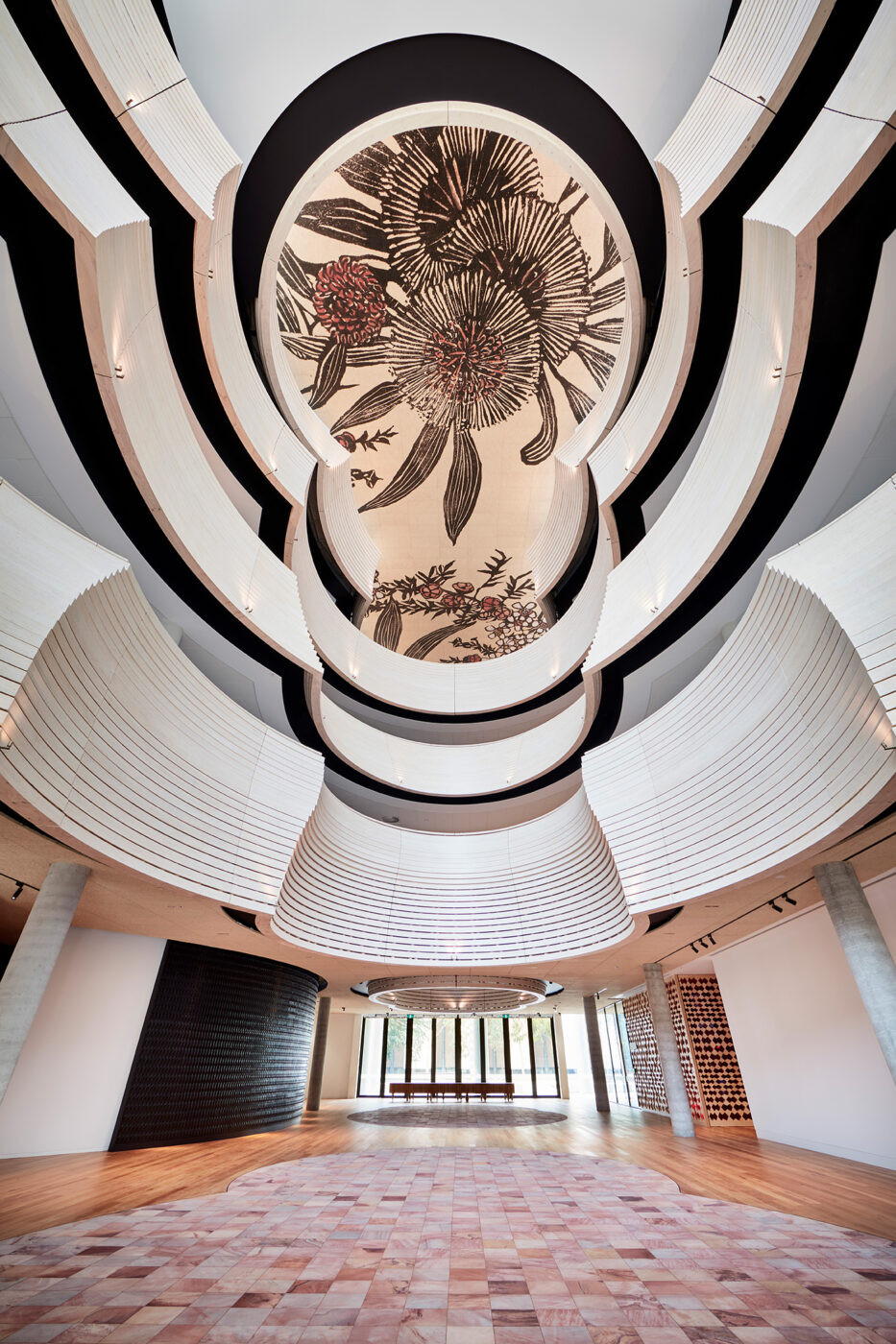 Monash University Chancellery wide view through atrium with curved surrounds looking through 5 levels - University example / concept
