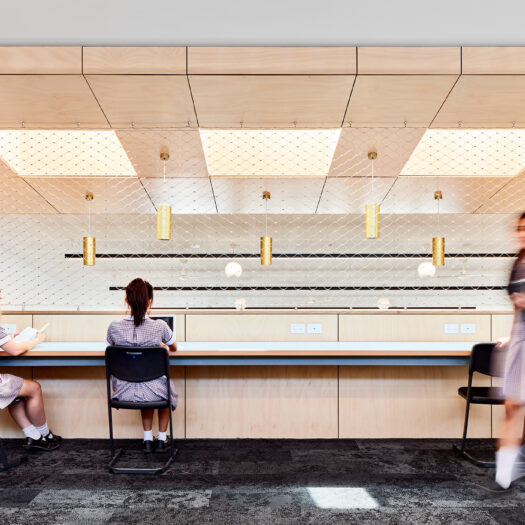 Ringwood Secondary College long bench with 2 girls studying and one standing, black strip lights and gold pendants - High School photography example / concept