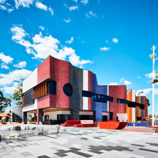 Springvale Library and Community Hub water play with tiled two storey building - structure photographer example / concept