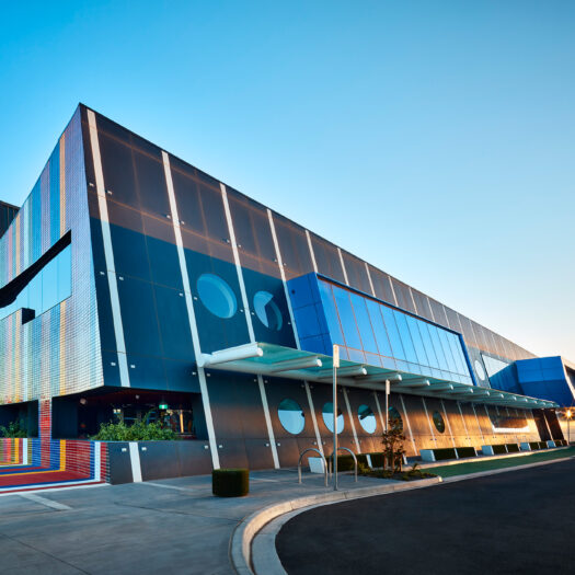 Springvale Library and Community Hub front entry in early dawn light - structure photographer example / concept
