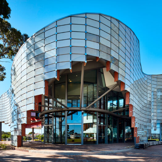 Springvale Library and Community Hub glass front with sweeping curves - structure photographer example / concept